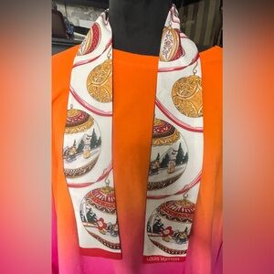 Louis Vuitton White Silk Twilly with Gold and Red Ornament Print